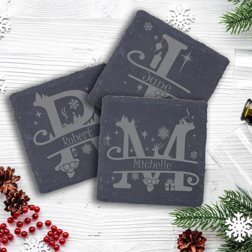 Slate Monogram Christmas Coaster