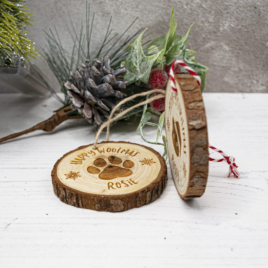 Cat and Dog Christmas Log Slice Ornament