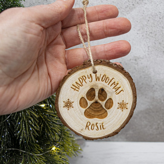 Cat and Dog Christmas Log Slice Ornament